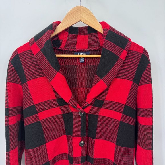 Chaps Sweater Jacket Mens S Red Black Buffalo Plaid Cotton Knit‎ Shawl Collar - Picture 2 of 9